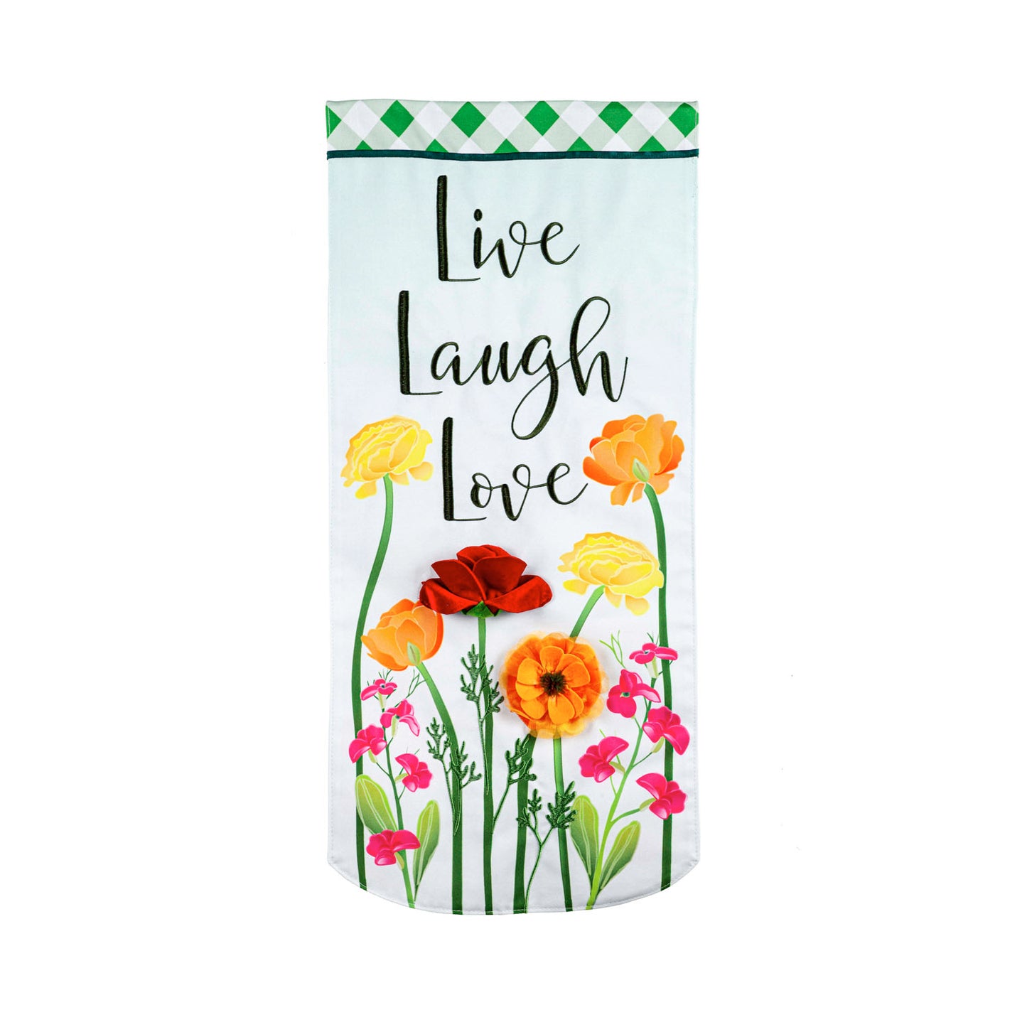 Live Laugh Love Floral Printed Everlasting Impressions Garden Flag; Polyester-Linen Blend 12.5"x28"