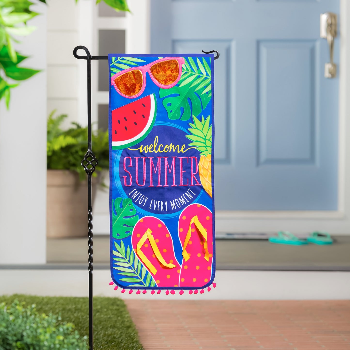 Welcome Summer Flip Flops Printed Everlasting Impressions Garden Flag; Polyester-Linen Blend 12.5"x28"