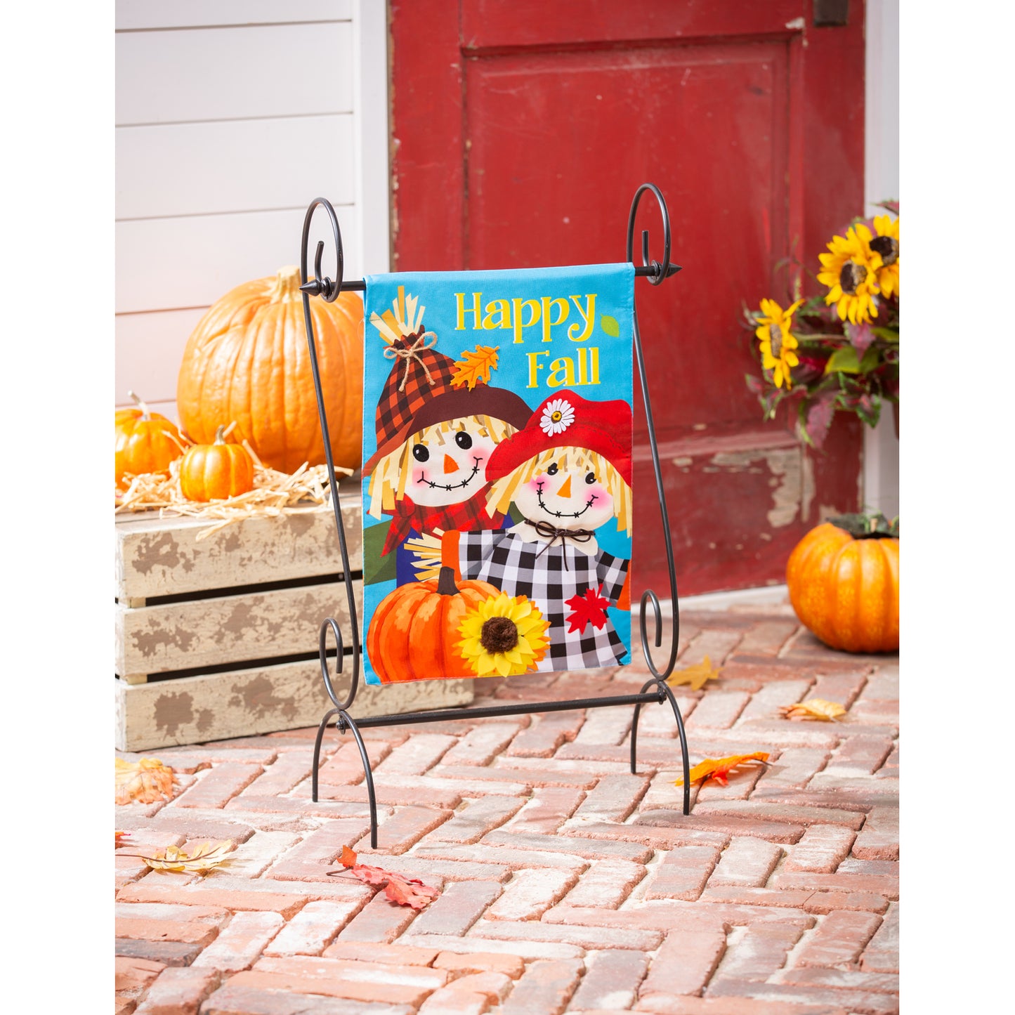 Happy Scarecrow Couple Garden Flag; Linen Textured Polyester 12.5"x18"