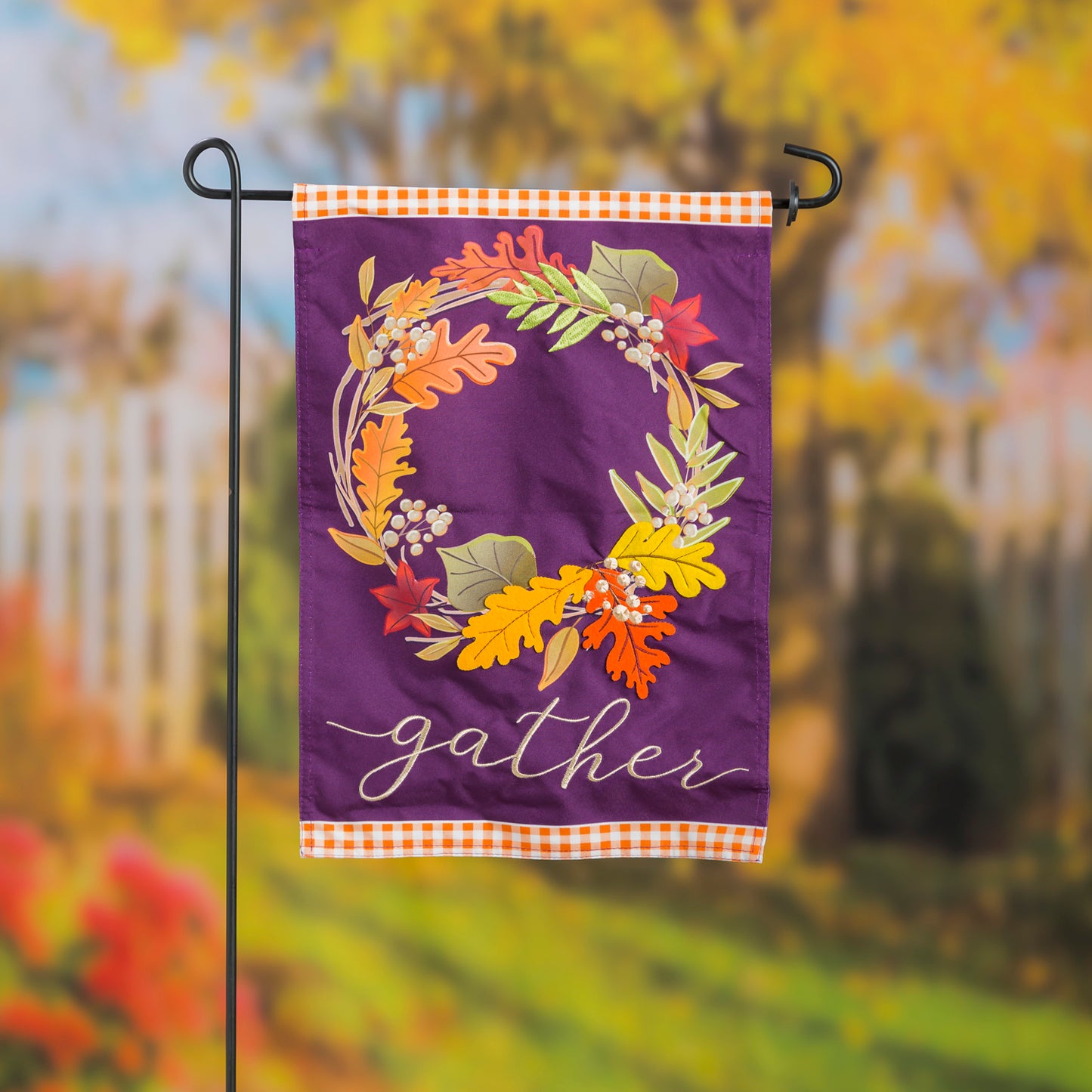 Gather Fall Leaves Wreath Garden Flag; Linen Textured Polyester 12.5"x18"
