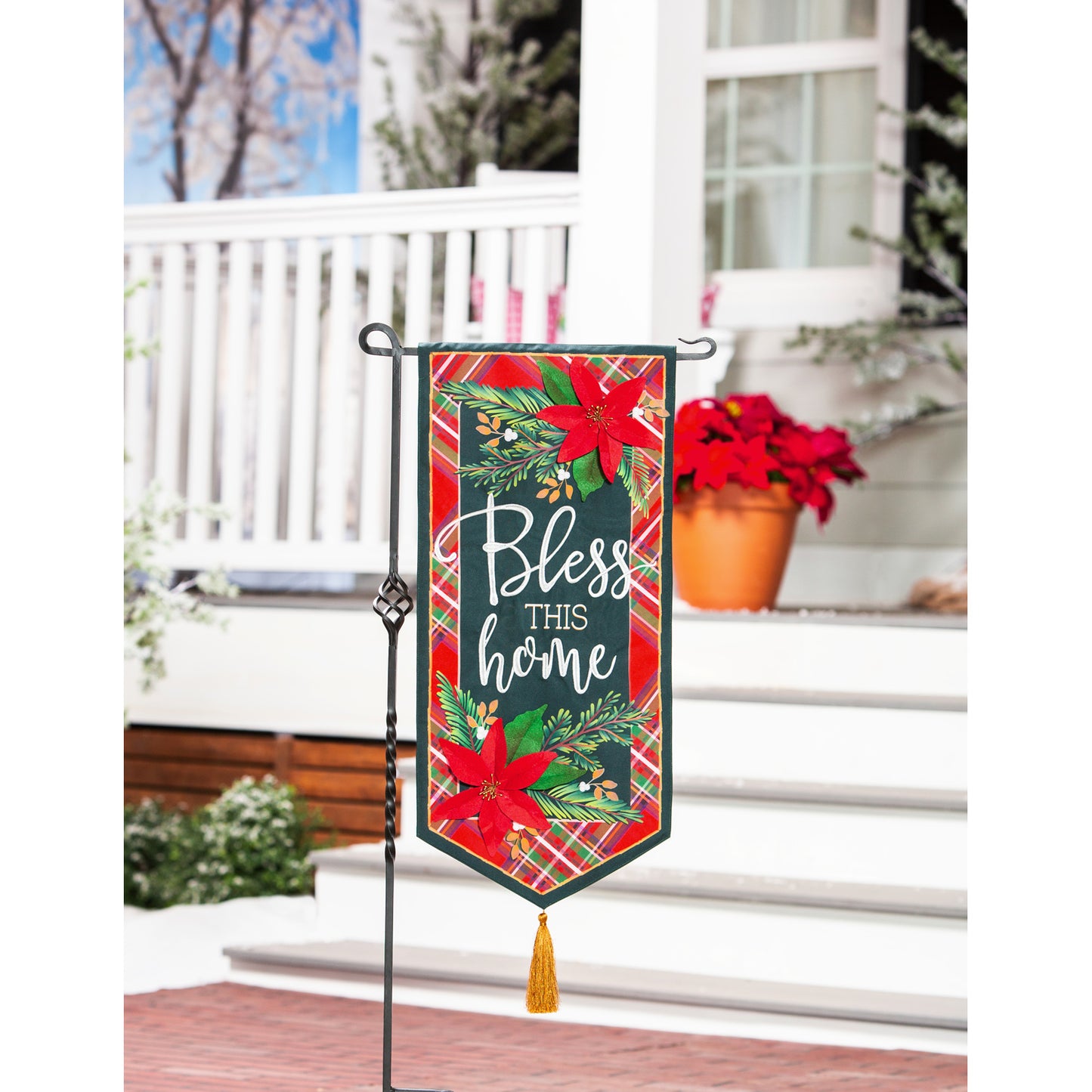 Poinsettia Bless This Home Printed Everlasting Impressions Garden Flag; Polyester-Linen Blend 12.5"x28"
