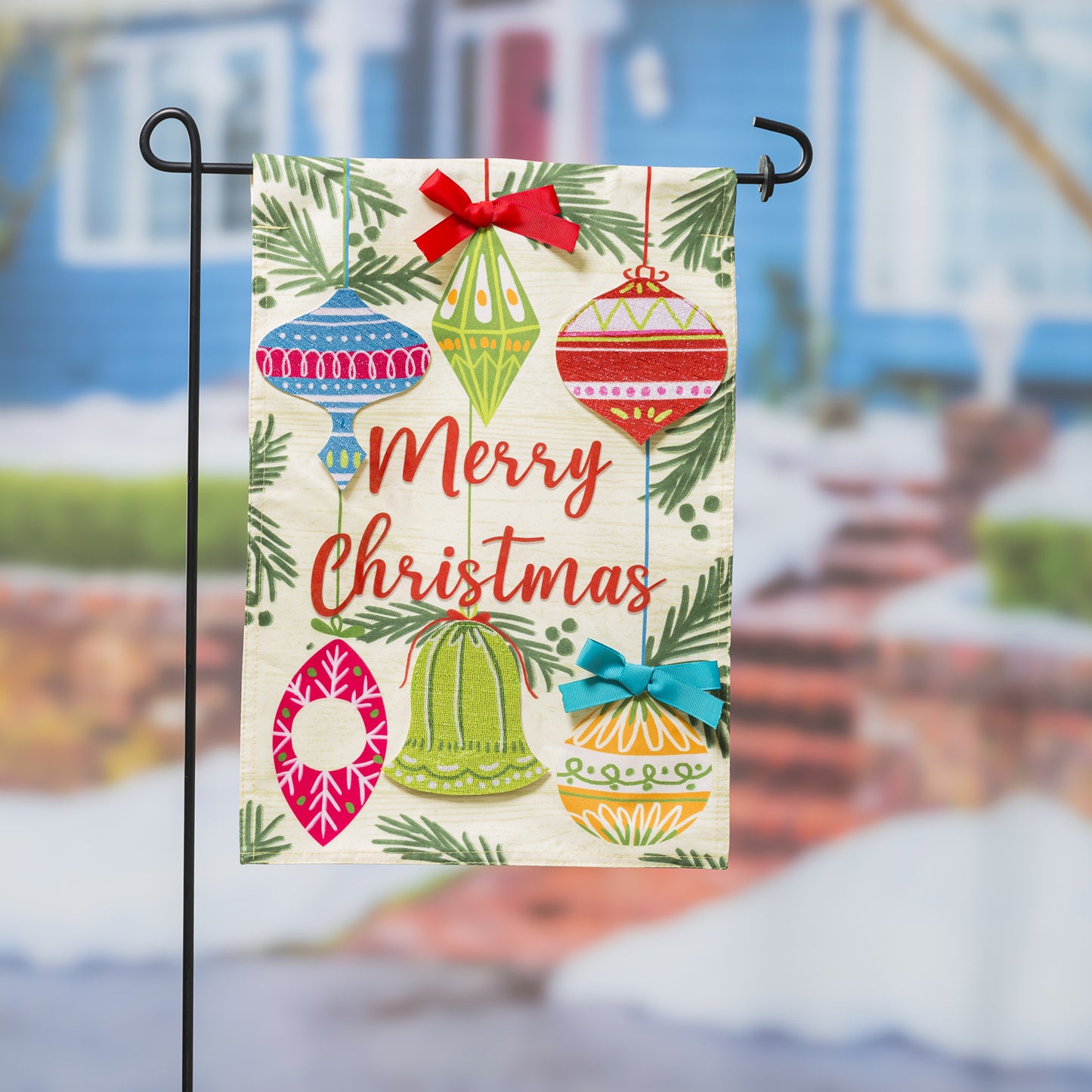 Merry Christmas Ornaments Garden Flag; Linen Textured Polyester 12.5"x18"