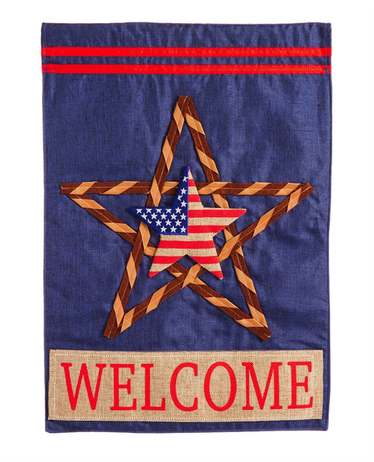 Patriotic Star Applique Garden Flag; Linen Textured Polyester