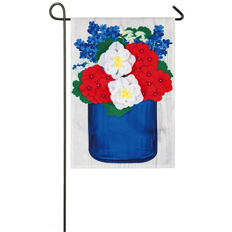 Patriotic Florals Applique Garden Flag; Linen Textured Polyester