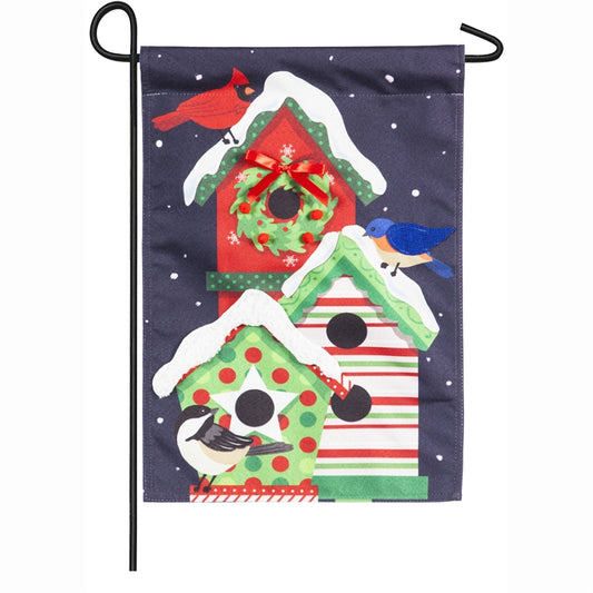 Holiday Cheer Birdhouse Applique Garden Flag; Linen Textured Polyester