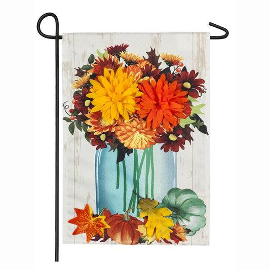 Fall Mums Floral Mason Jar Applique Garden Flag; Linen Textured Polyester
