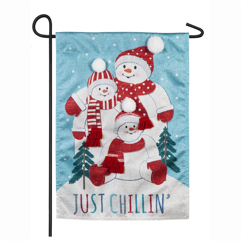 Just Chillin Snow Family Applique Garden Flag; Linen Textured Polyester