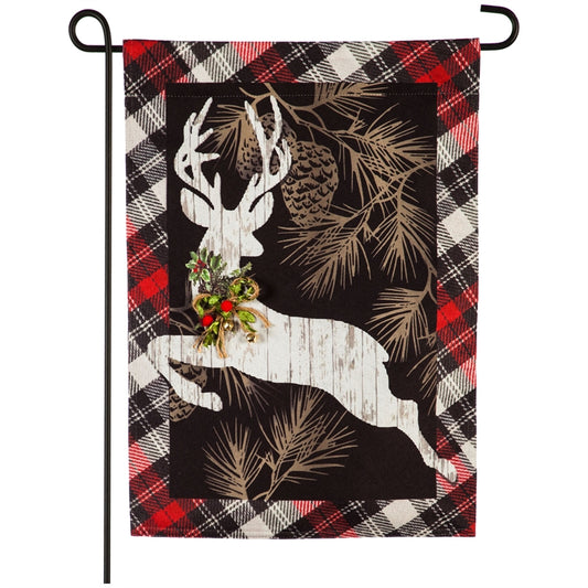 Woodgrain Reindeer Garden Flag; Linen Textured Polyester