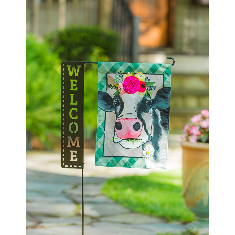 Floral Cow Garden Flag; Linen Textured Polyester 12.5"x18"