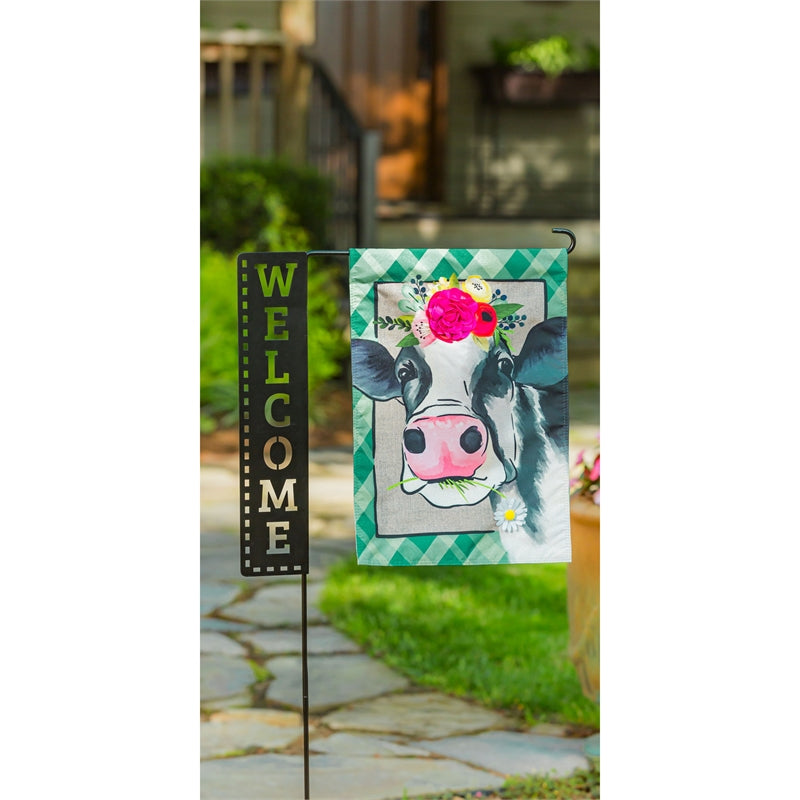 Floral Cow Garden Flag; Linen Textured Polyester 12.5"x18"