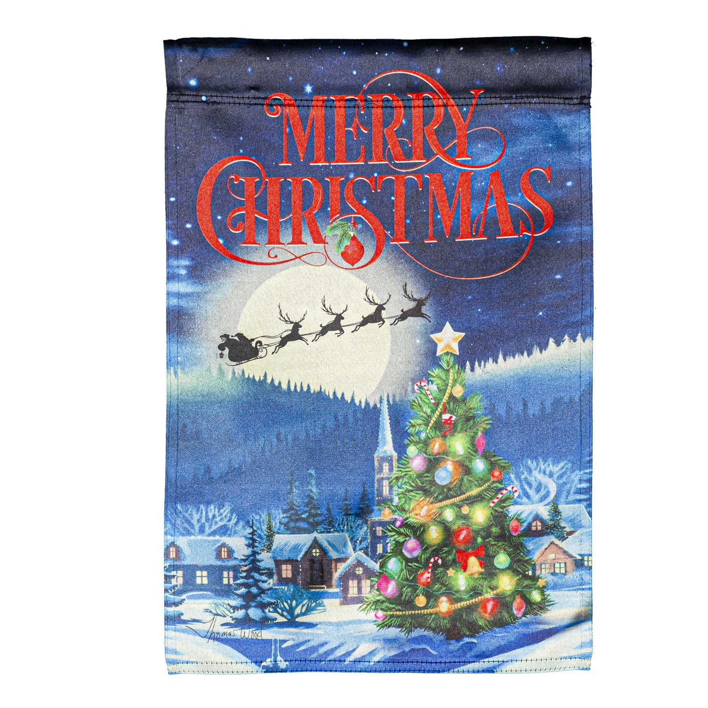 Santa's Sleigh on Christmas Lustre Garden Flag; Linen Textured Polyester 12.5"x18"