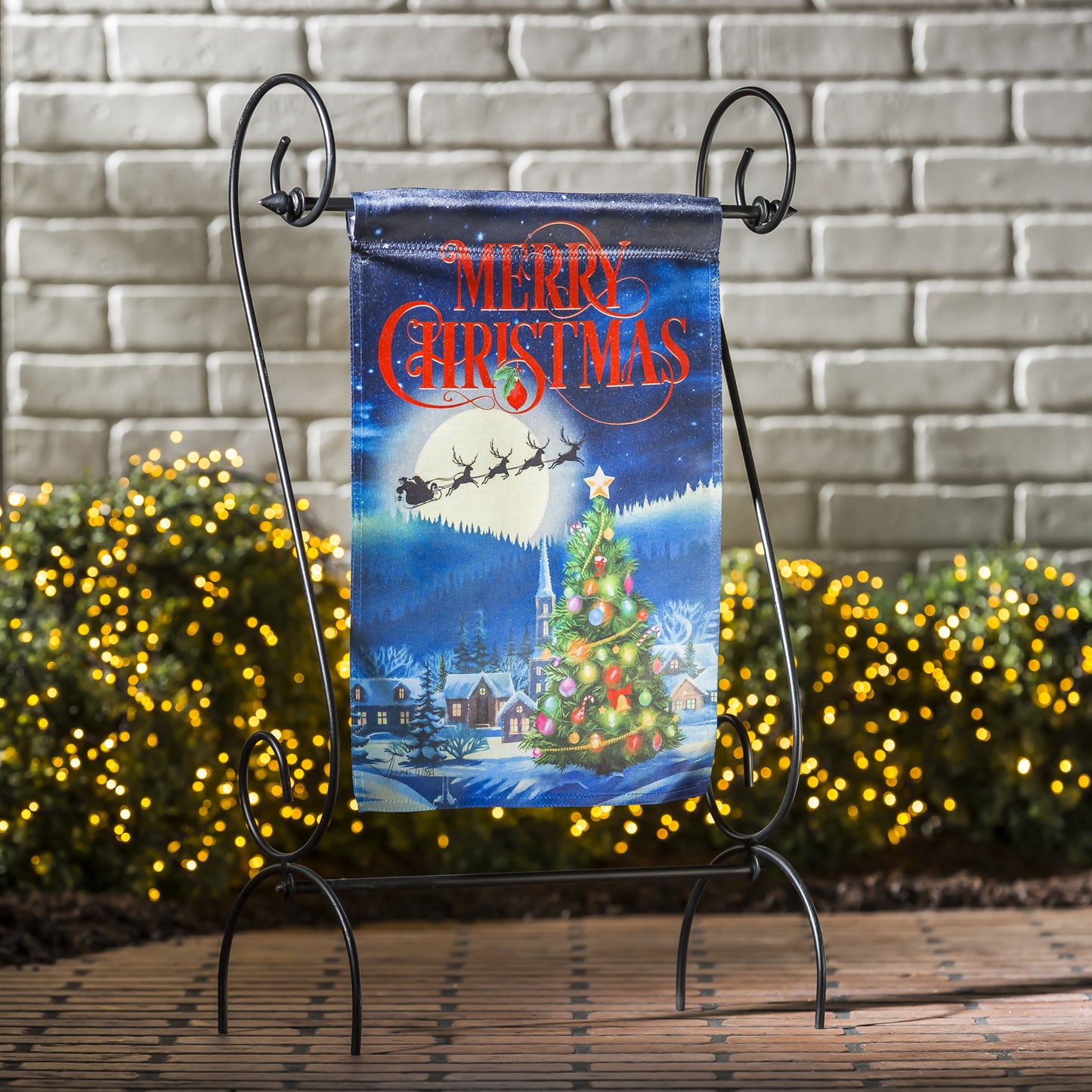 Santa's Sleigh on Christmas Lustre Garden Flag; Linen Textured Polyester 12.5"x18"