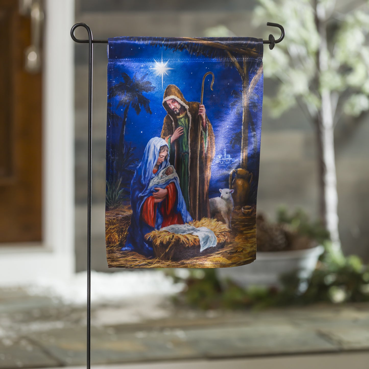 Holy Night Nativity Lustre Garden Flag; Linen Textured Polyester 12.5"x18"
