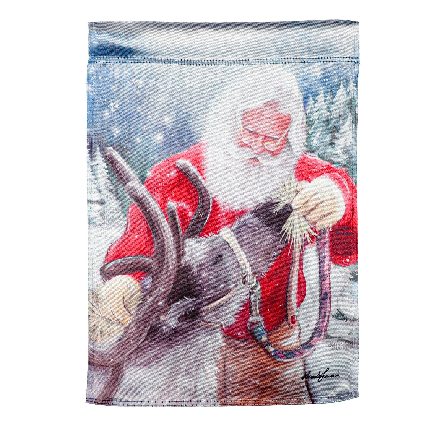 Santa and His Reindeer Lustre Garden Flag; Linen Textured Polyester 12.5"x18"