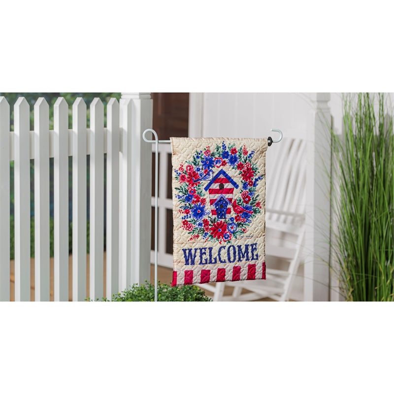 Patriotic Birdhouse Wreath Quilted Garden Flag