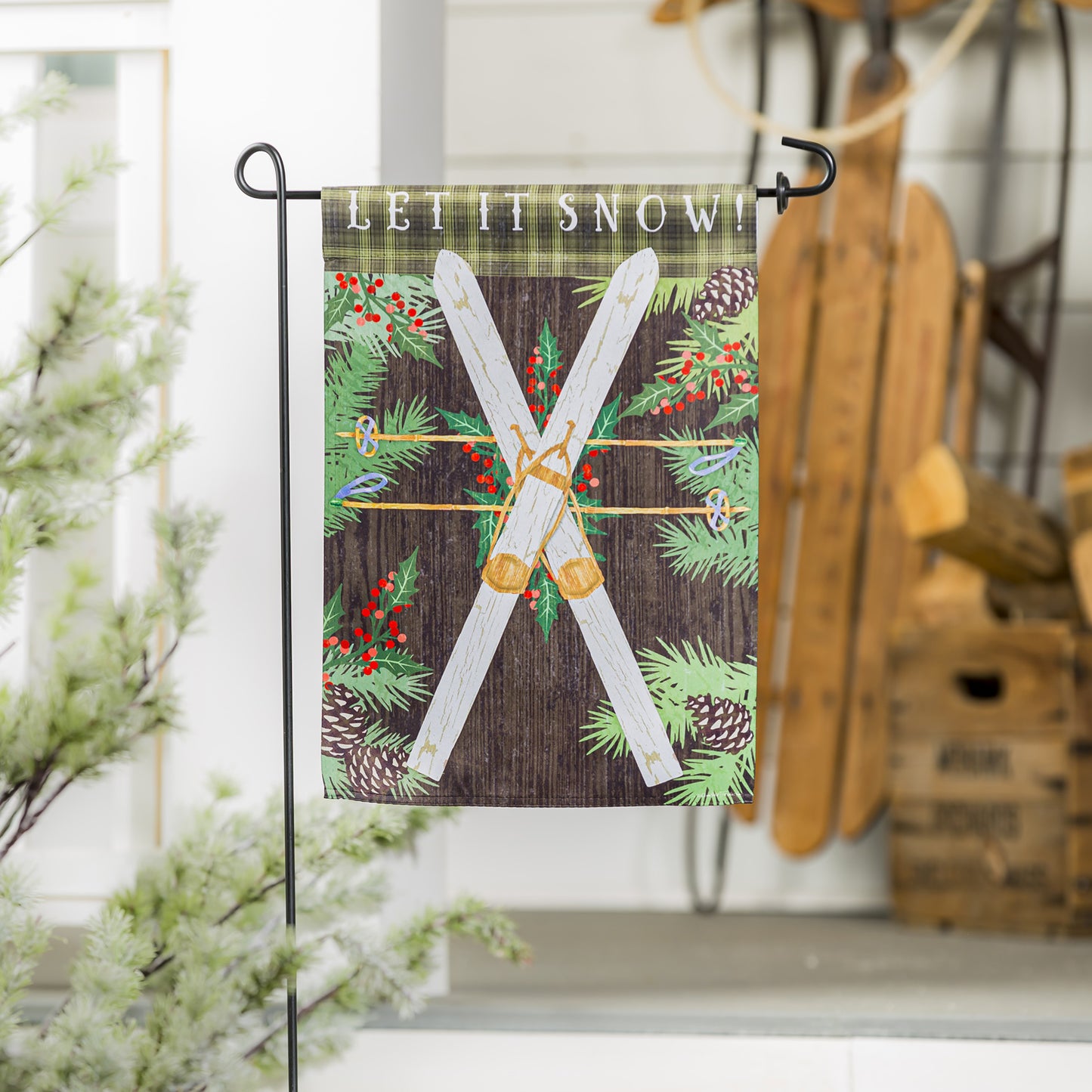 Let it Snow Skis Printed Suede Garden Flag; Polyester 12.5"x18"