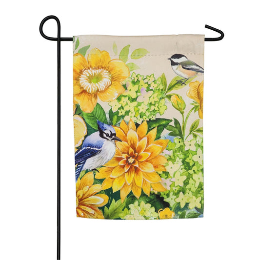 Yellow Flowers & Birds Printed Suede House Flag; Polyester