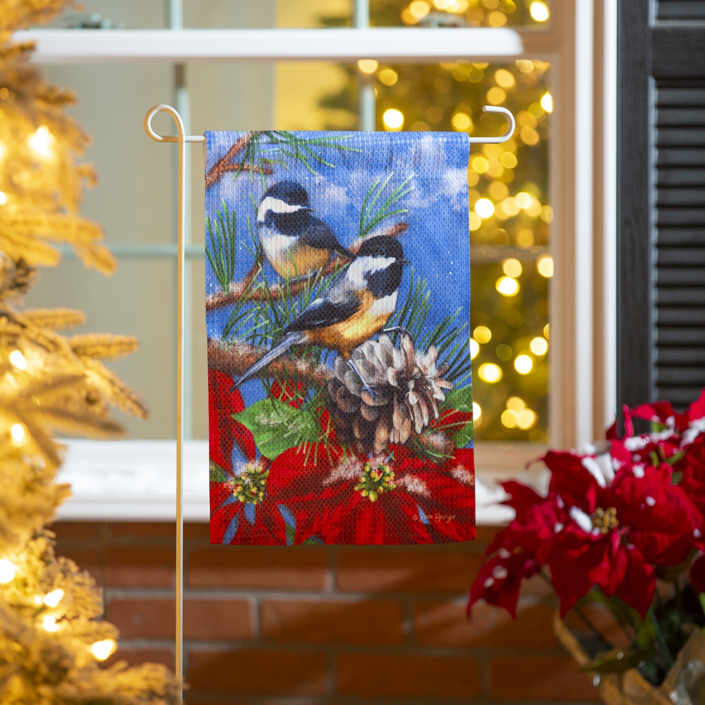 Winter Chickadees Printed Waffle Suede Garden Flag; Polyester 12.5"x18"