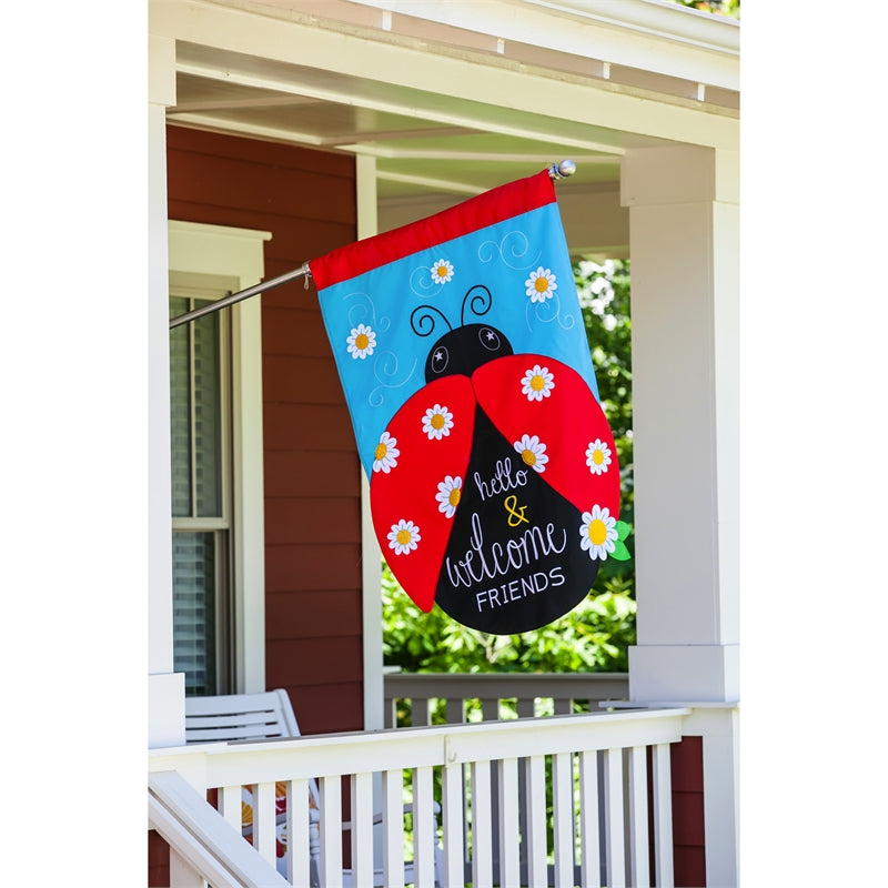 Hello & Welcome Friends Ladybug Applique House Flag; Polyester