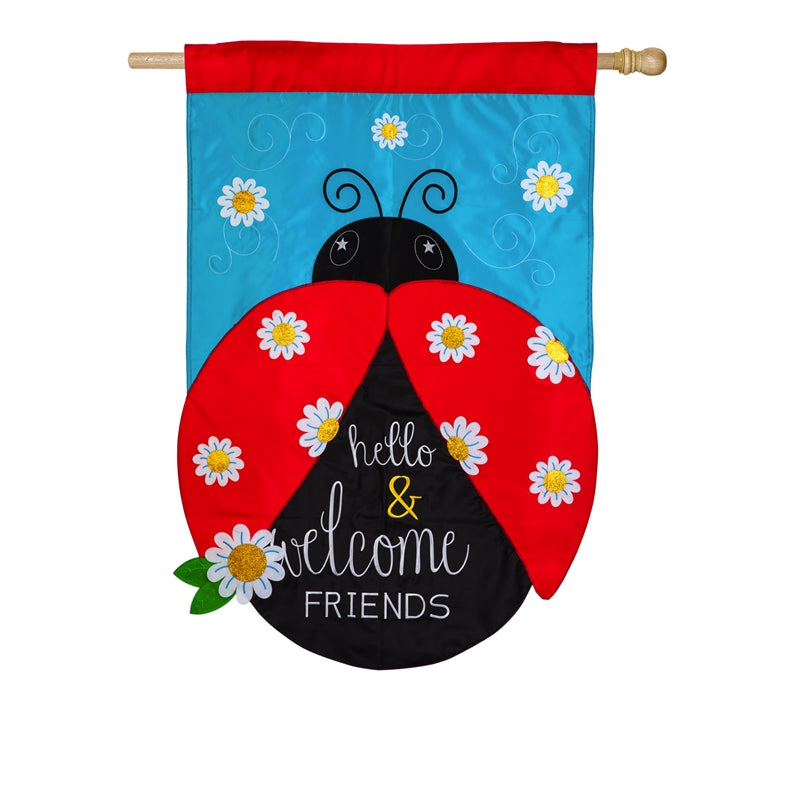 Hello & Welcome Friends Ladybug Applique House Flag; Polyester
