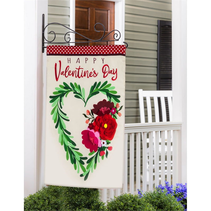 Valentine's Floral Heart Wreath Applique House Flag; Polyester 28"x44"