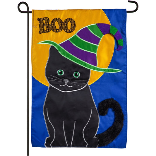 Halloween Black Cat Applique Garden Flag; Polyester