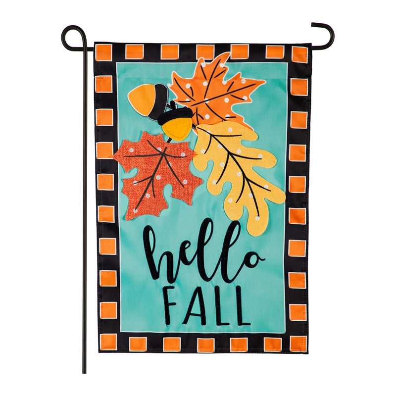 Hello Fall Leaves Applique Garden Flag; Polyester