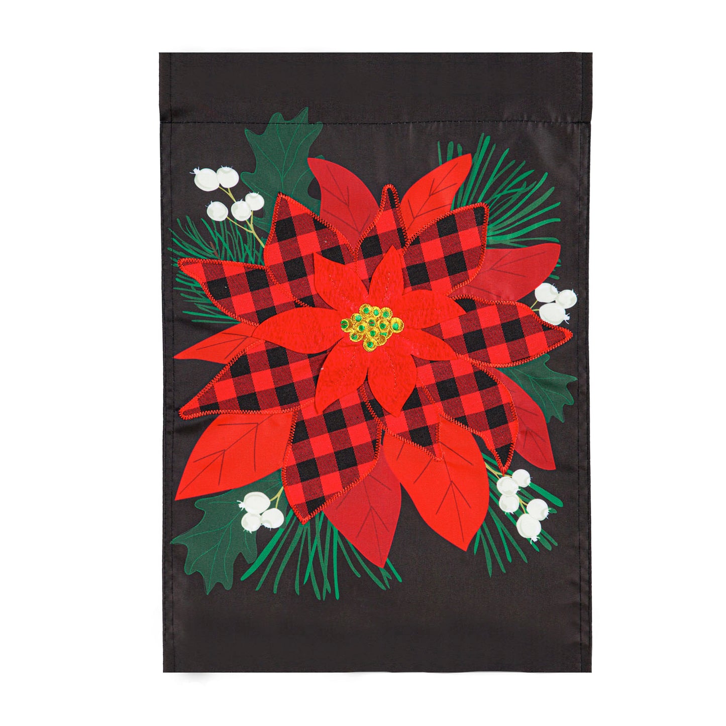Buffalo Check Poinsettia Applique Garden Flag; Polyester 12.5"x18"