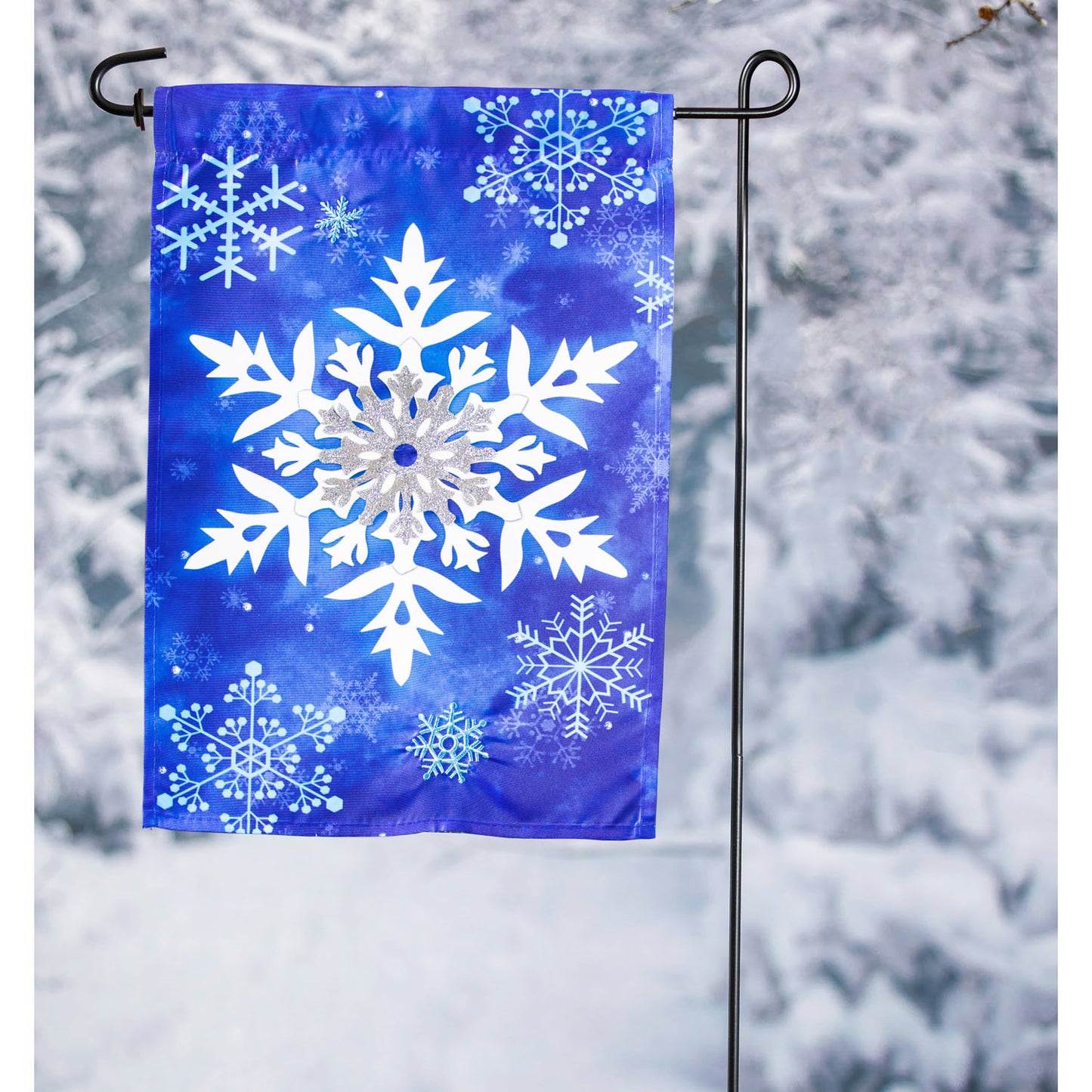 Winter Snowflakes Applique Garden Flag; Polyester 12.5"x18"