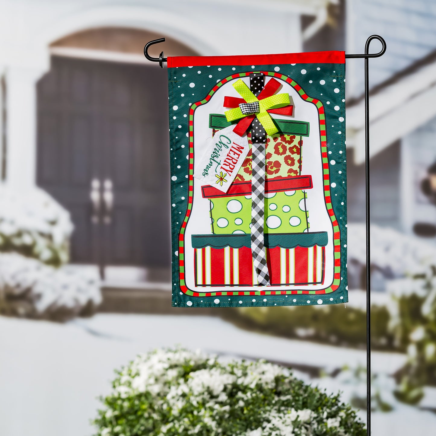 Mixed Print Presents Applique Garden Flag; Polyester 12.5"x18"