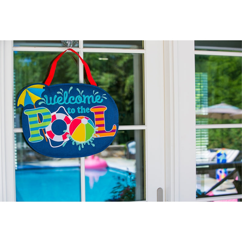 "Welcome to the Pool" Door Hanger; Burlap 16"Tx22"W