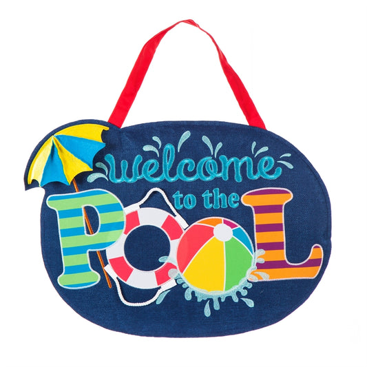 Welcome to the Pool Door Hanger; Burlap 16"Tx22"W