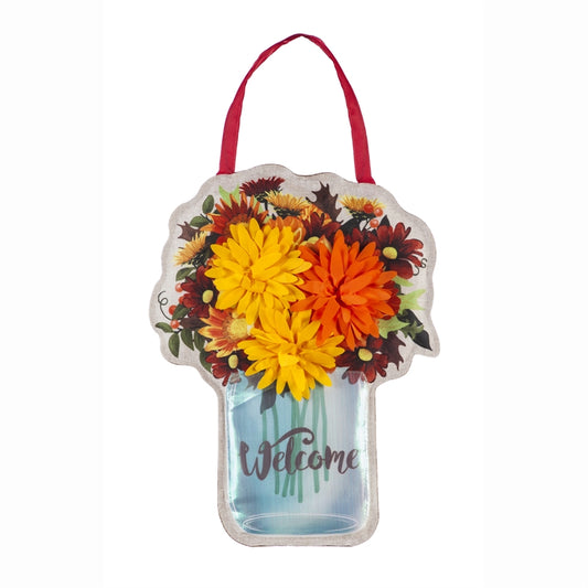 Fall Mums Floral Mason Jar Door Hanger; Burlap 17"Lx13"W
