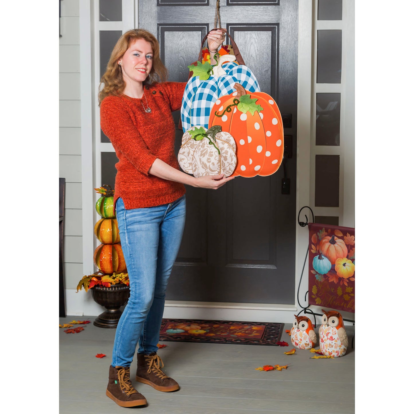 Patterned Pumpkin Trio Door Hanger; Burlap 20"Lx17"W