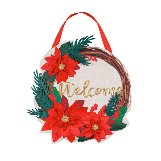 Poinsettia Welcome Wreath Door Hanger; Burlap 18"Lx17.5"W