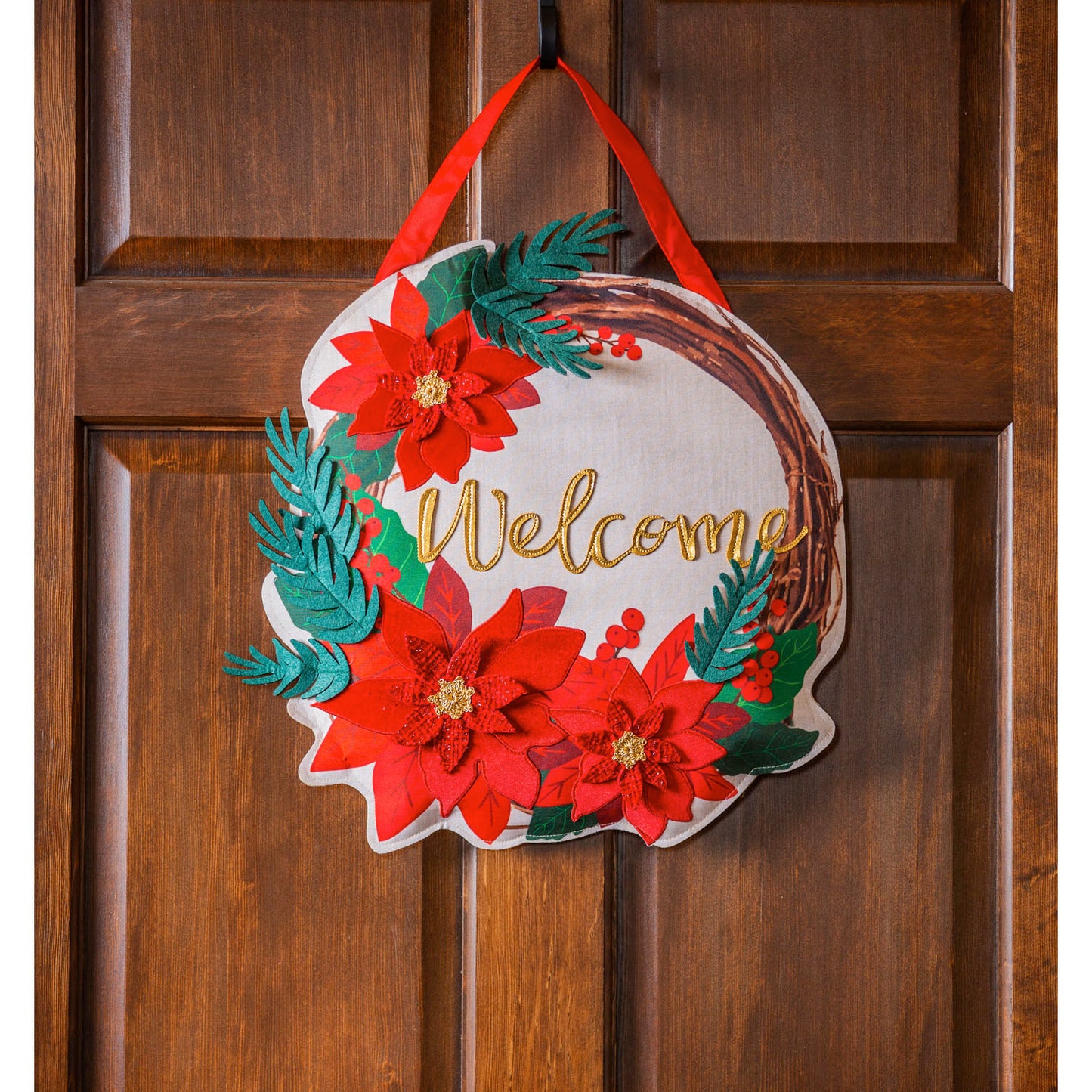 "Poinsettia Welcome Wreath" Door Hanger; Burlap 18"Lx17.5"W