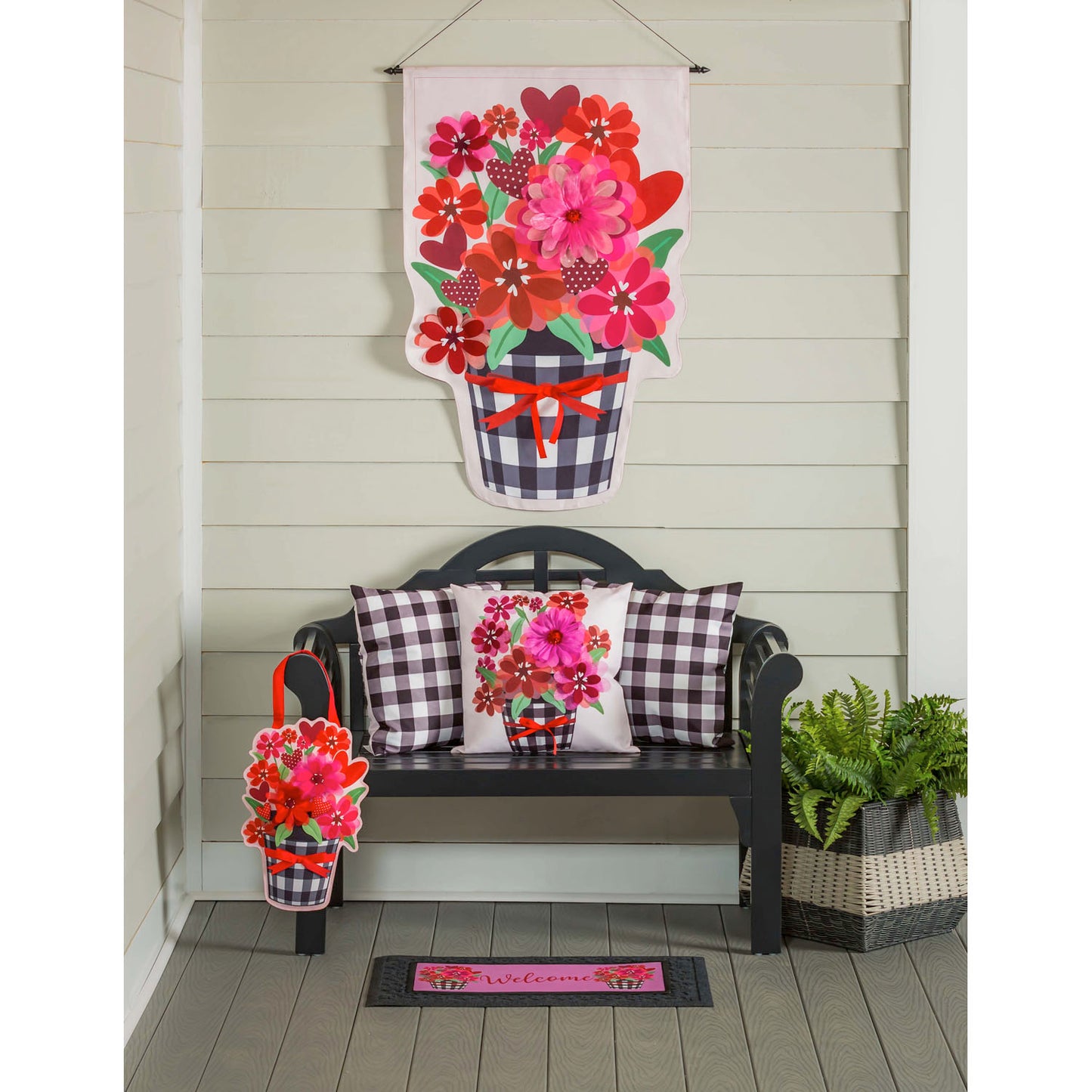 Buffalo Check Flower Door Hanger; Burlap 18"Lx12"W