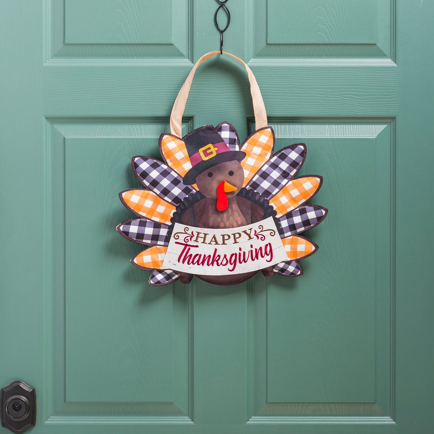 Pilgrim Turkey Door Hanger; Burlap 16"Lx13"W