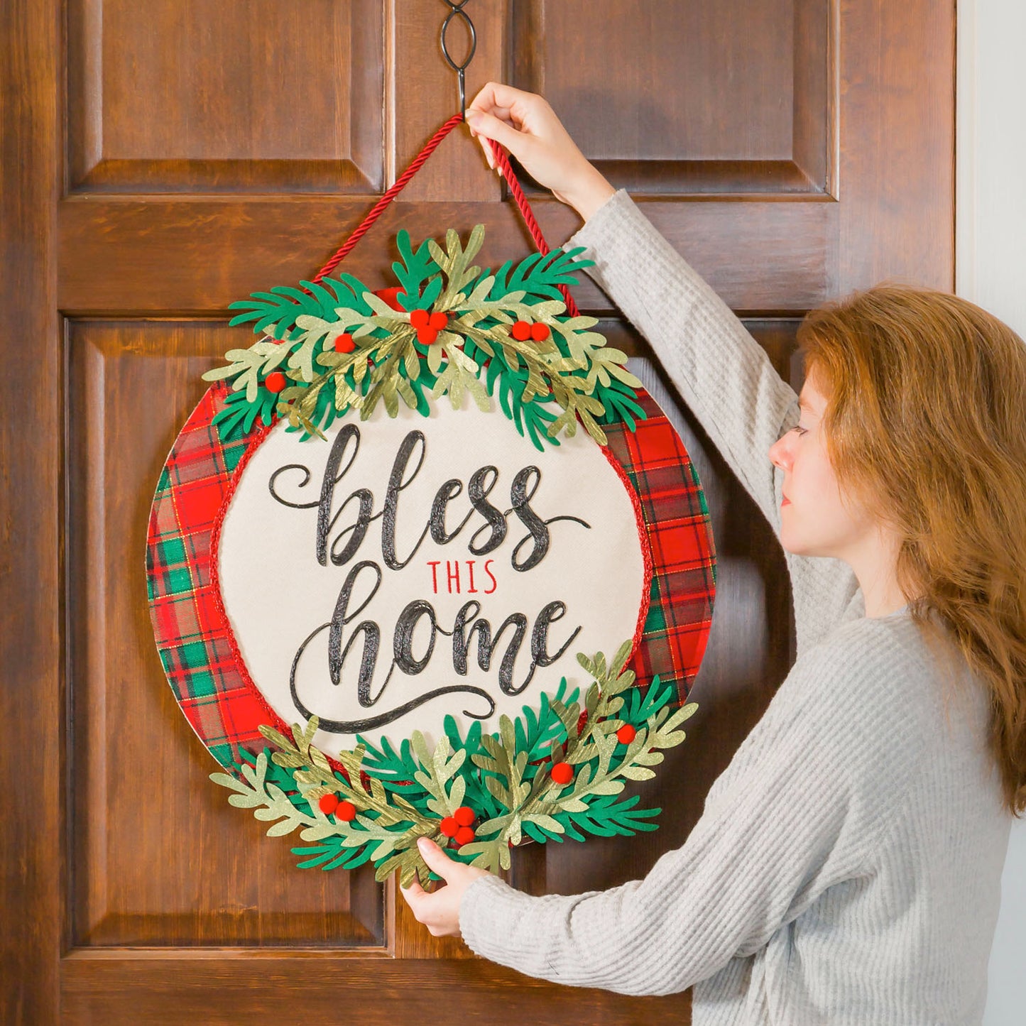 Bless this Home Plaid Door Hanger; Burlap 20"Lx20"W
