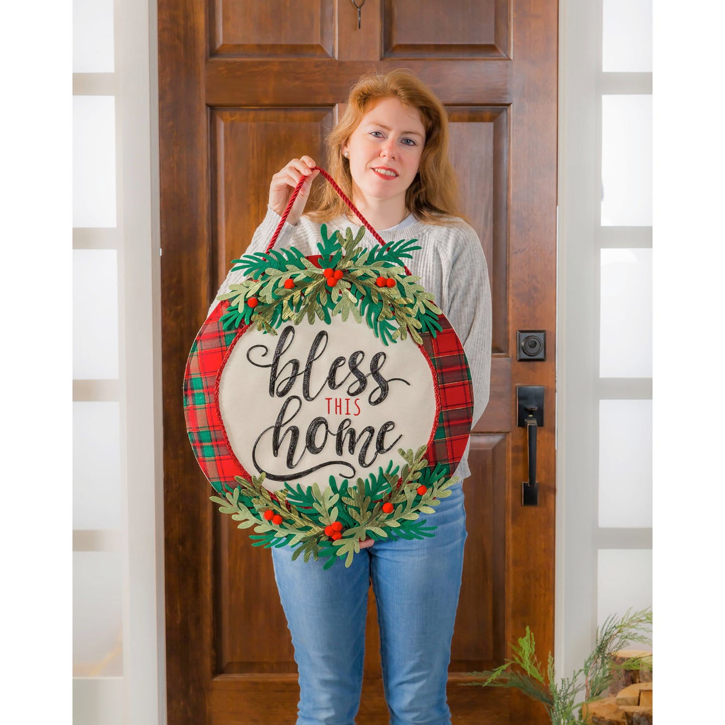 Bless this Home Plaid Door Hanger; Burlap 20"Lx20"W