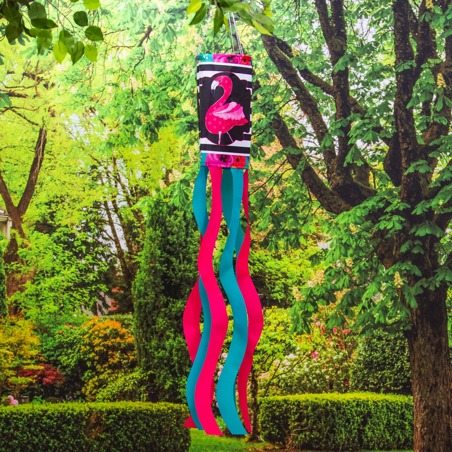 Flamingo Stripes and Flowers Windsock; Polyester 7"ODx38"L