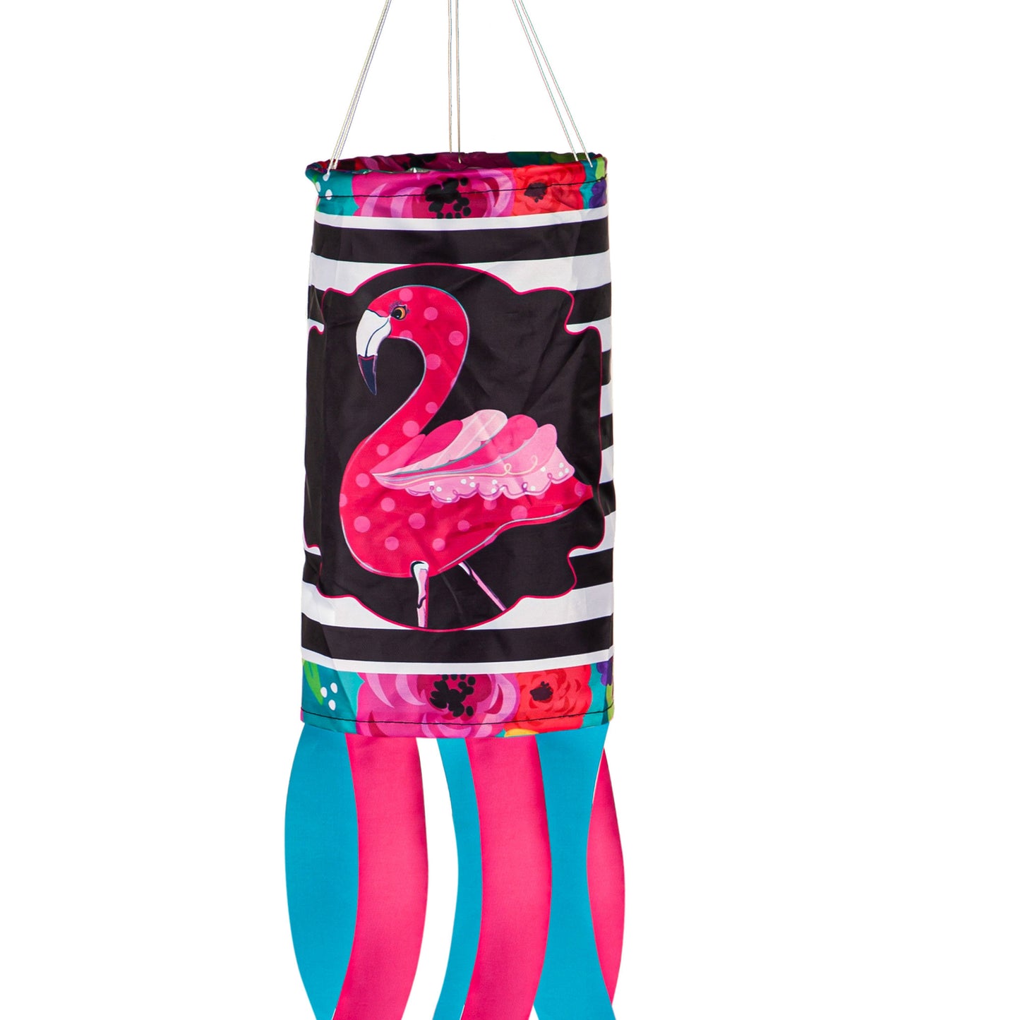 Flamingo Stripes and Flowers Windsock; Polyester 7"ODx38"L