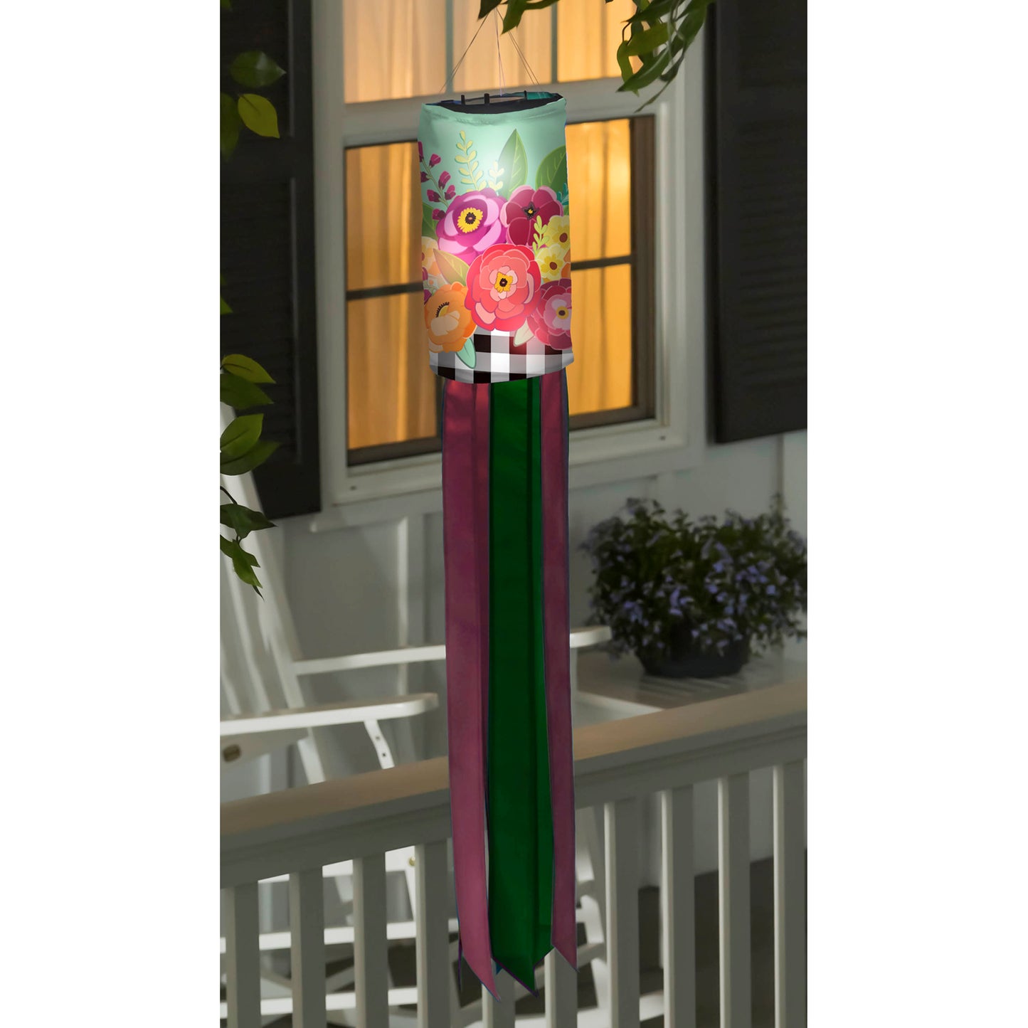 Floral Check Solar Motion Windsock; 7.08"ODx37.8"L