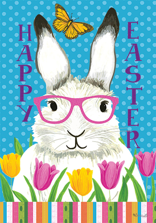 Easter Bunny Glasses Printed House Flag; Polyester