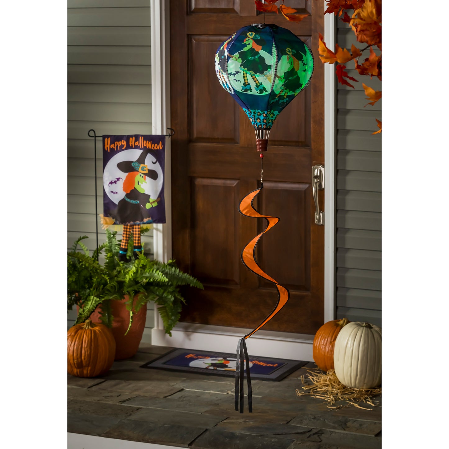 Flying Witch Animated Solar Lit Hot Air Balloon Spinner Windsock