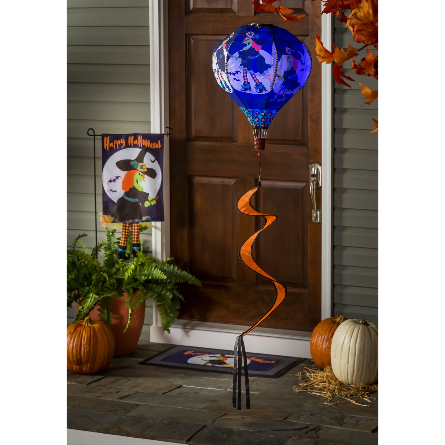Flying Witch Animated Solar Lit Hot Air Balloon Spinner Windsock