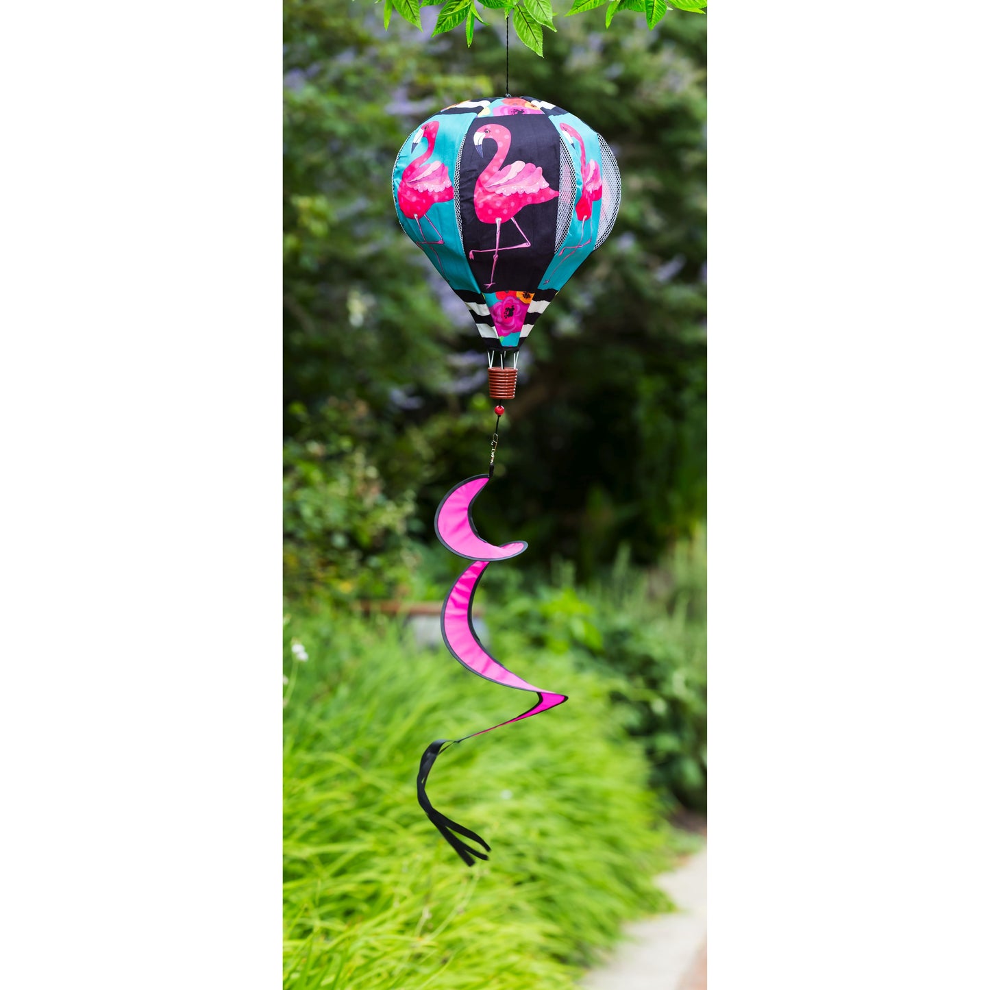 Flamingo Stripes & Flowers Hot Air Balloon Spinner Windsock; 55"L x 15" Diameter
