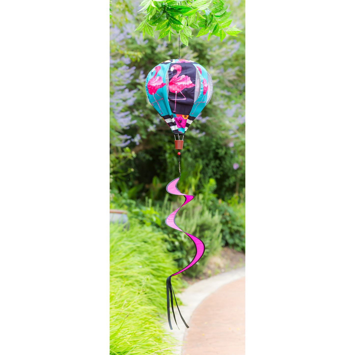 Flamingo Stripes & Flowers Hot Air Balloon Spinner Windsock; 55"L x 15" Diameter