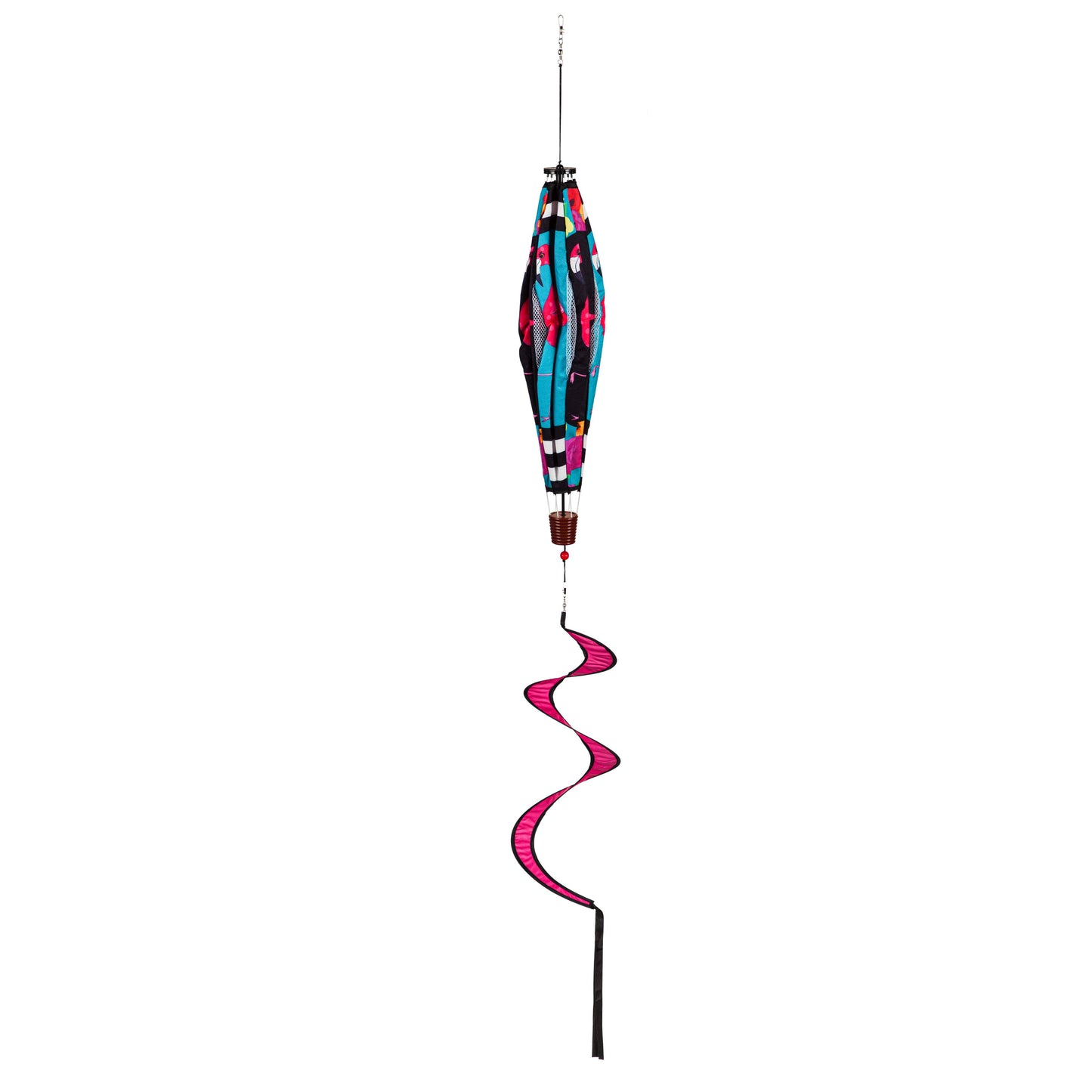 Flamingo Stripes & Flowers Hot Air Balloon Spinner Windsock; 55"L x 15" Diameter