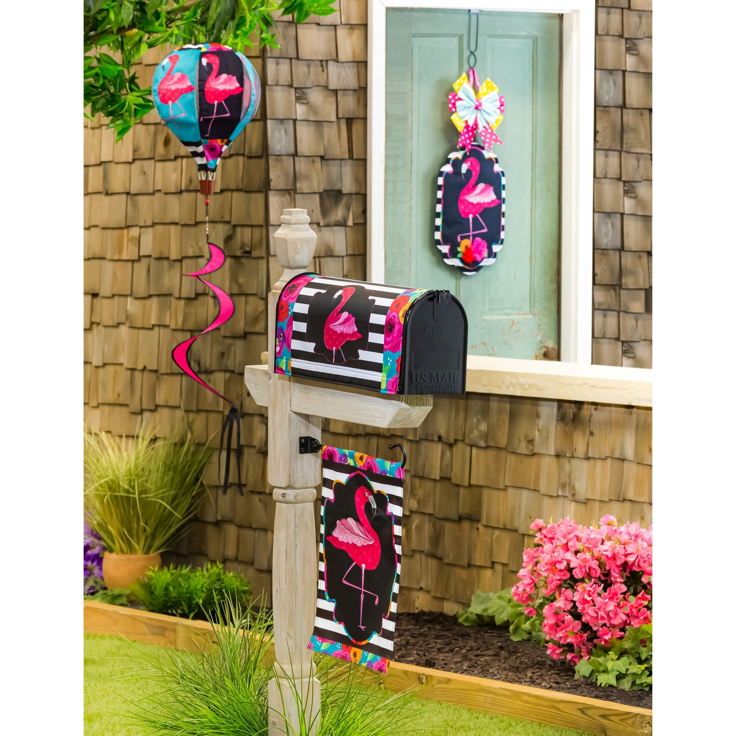 Flamingo Stripes & Flowers Hot Air Balloon Spinner Windsock; 55"L x 15" Diameter